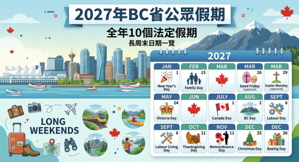 2027年BC省公眾假期時間表|全年10個法定假期及長周末安排