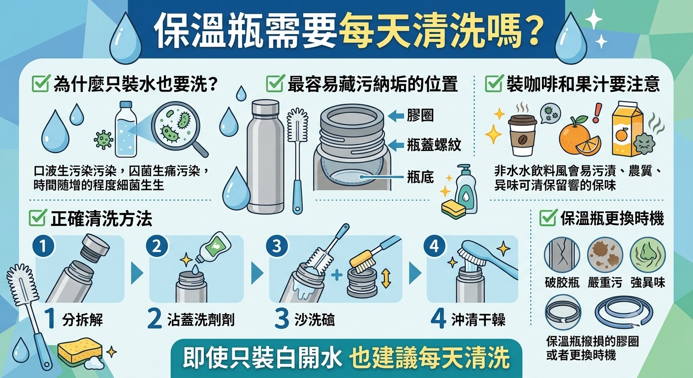 保溫瓶需要每天清洗嗎？只裝水也會滋生細菌嗎？