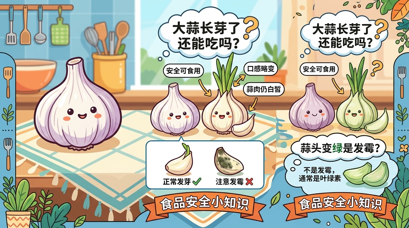 大蒜长芽了还能吃吗？蒜头变绿是发霉了吗？